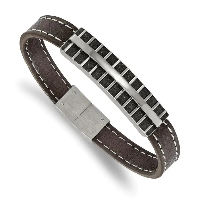 Stainless Steel Polished Black IP Lasercut Brown Leather 825in Bracelet Chisel Bracelets Stainless Steel Polished Black IP Lasercut Brown Leather 825in Bracelet Chisel Bracelets