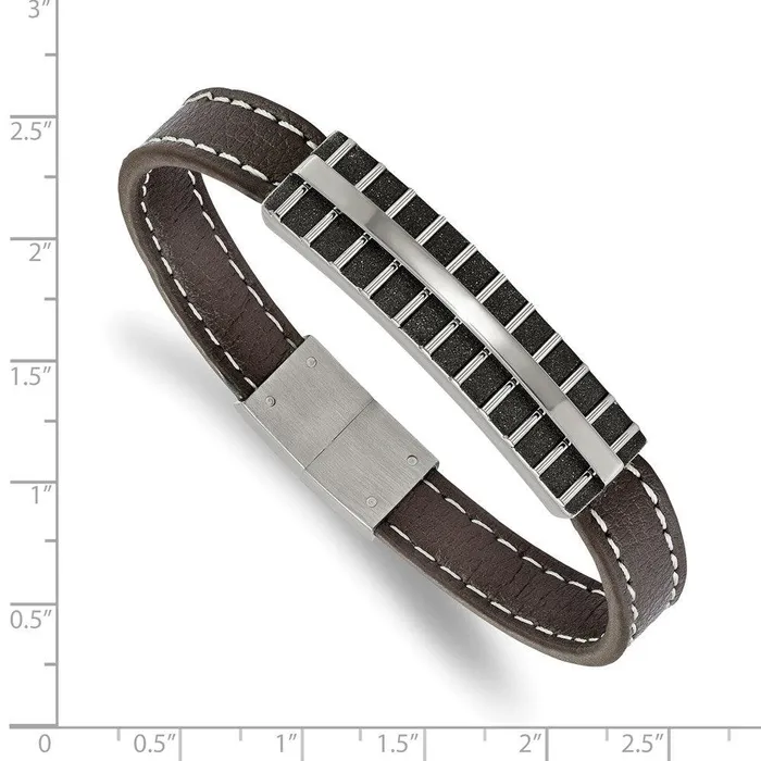 Stainless Steel Polished Black IP Lasercut Brown Leather 825in Bracelet Chisel Bracelets Stainless Steel Polished Black IP Lasercut Brown Leather 825in Bracelet Chisel Bracelets