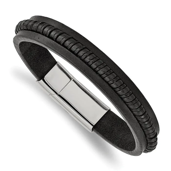Stainless Steel Polished Black Leather 825in Bracelet Chisel Bracelets