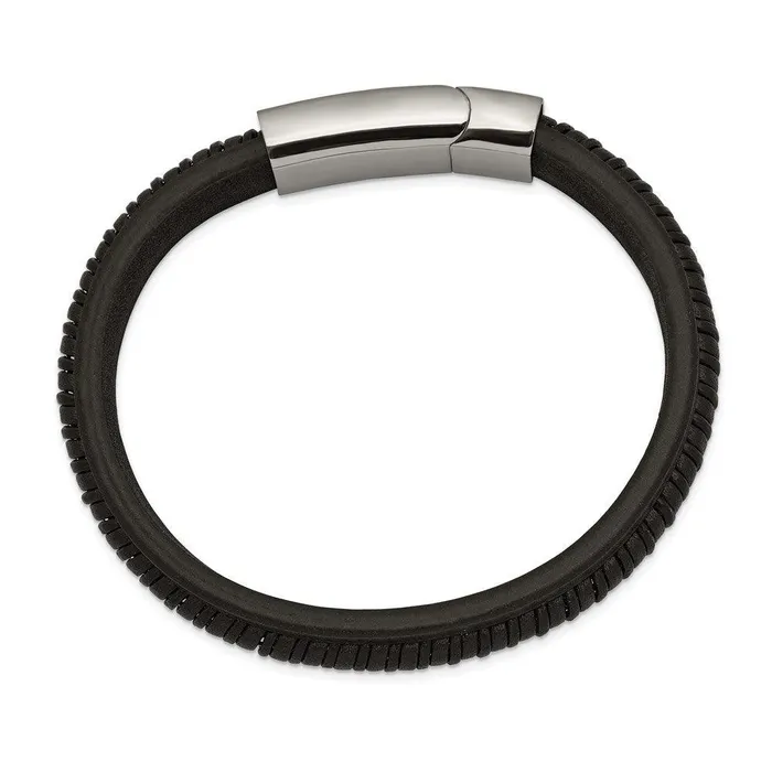 Stainless Steel Polished Black Leather 825in Bracelet Chisel Bracelets Stainless Steel Polished Black Leather 825in Bracelet Chisel Bracelets