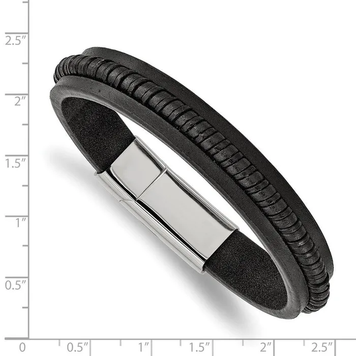Stainless Steel Polished Black Leather 825in Bracelet Chisel Bracelets Stainless Steel Polished Black Leather 825in Bracelet Chisel Bracelets