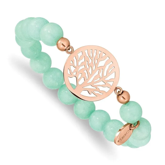 Stainless Steel Polished Rose IP Tree Green Dyed Jade Stretch Bracelet Chisel Bracelets Stainless Steel Polished Rose IP Tree Green Dyed Jade Stretch Bracelet Chisel Bracelets
