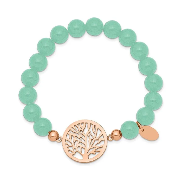 Stainless Steel Polished Rose IP Tree Green Dyed Jade Stretch Bracelet Chisel Bracelets Stainless Steel Polished Rose IP Tree Green Dyed Jade Stretch Bracelet Chisel Bracelets