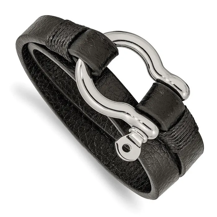 Stainless Steel Polished Textured Black Leather 16in Wrap Shackle Bracelet Chisel Bracelets Stainless Steel Polished Textured Black Leather 16in Wrap Shackle Bracelet Chisel Bracelets