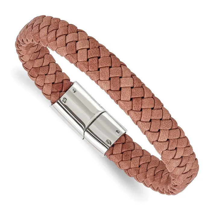 Stainless Steel Polished Woven Brown Leather Bracelet Chisel Bracelets