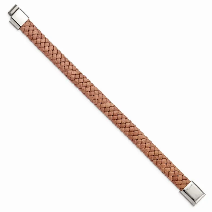 Stainless Steel Polished Woven Brown Leather Bracelet Chisel Bracelets Stainless Steel Polished Woven Brown Leather Bracelet Chisel Bracelets