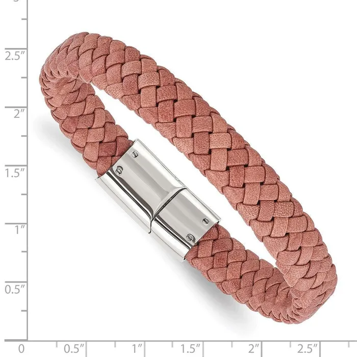 Stainless Steel Polished Woven Brown Leather Bracelet Chisel Bracelets Stainless Steel Polished Woven Brown Leather Bracelet Chisel Bracelets
