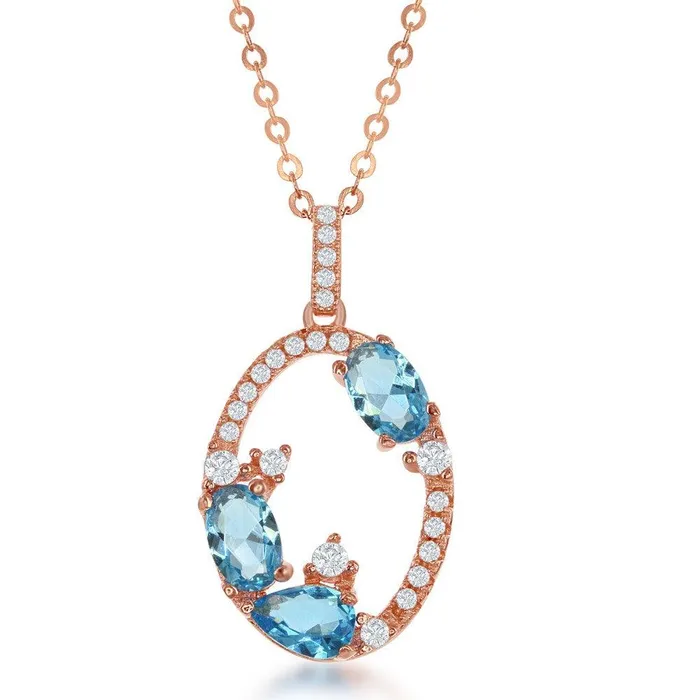 Sterling Silver Open Oval with CZ Border with Blue CZs Pendant Rose Gold Plated Classic Rings Sterling Silver Open Oval with CZ Border with Blue CZs Pendant Rose Gold Plated Classic Rings