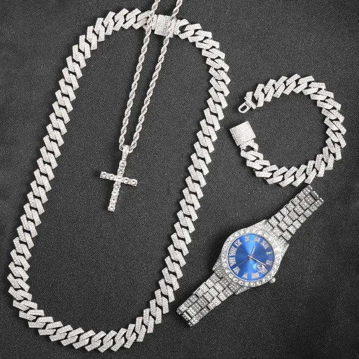 VVS Jewelry Bracelets 16mm Cuban Link Chain Cross Watch Bracelet Bundle Set