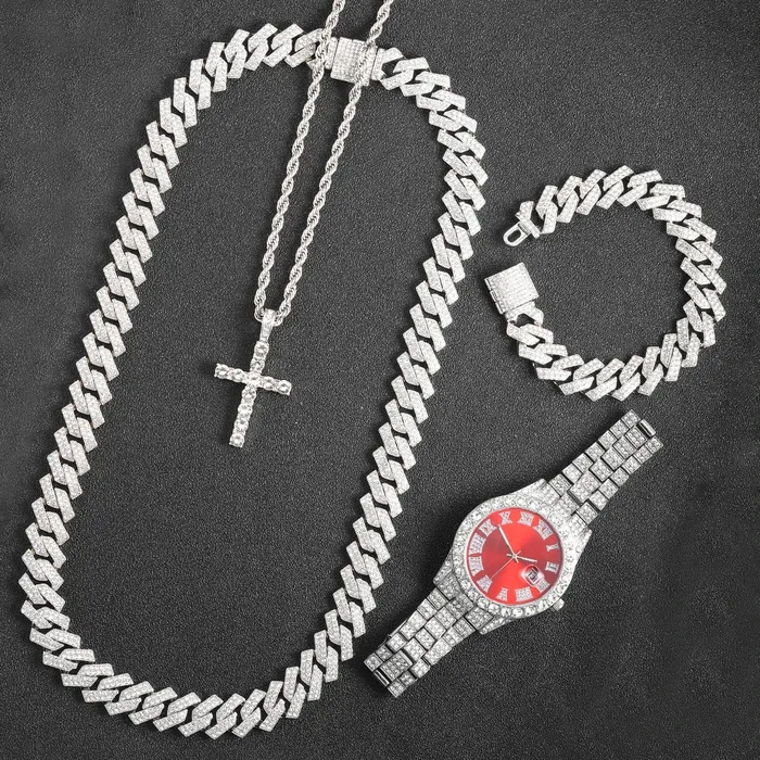 VVS Jewelry Bracelets 16mm Cuban Link Chain Cross Watch Bracelet Bundle Set