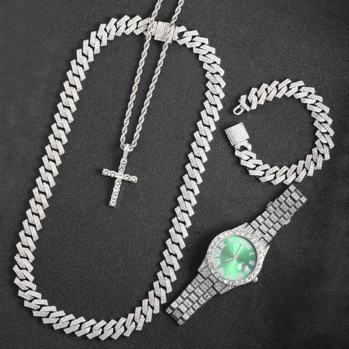 VVS Jewelry Bracelets 16mm Cuban Link Chain Cross Watch Bracelet Bundle Set