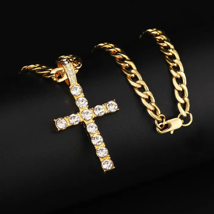 VVS Jewelry Bracelets 16mm Cuban Link Chain Cross Watch Bracelet Bundle Set