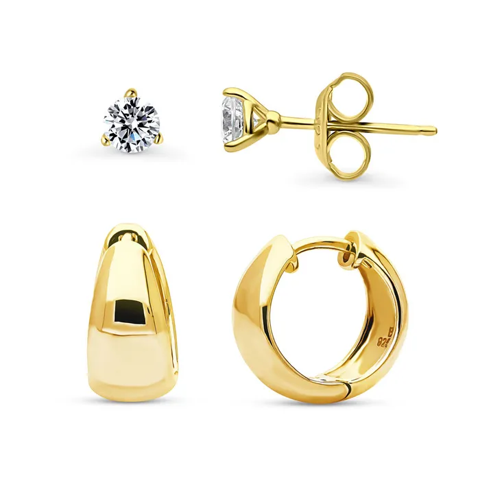 BERRICLE Earrings Dome CZ 2 Pairs Earrings Set in Gold Flashed Sterling Silver