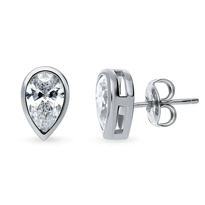 BERRICLE Earrings Solitaire Bezel Pear CZ Set in Sterling Silver