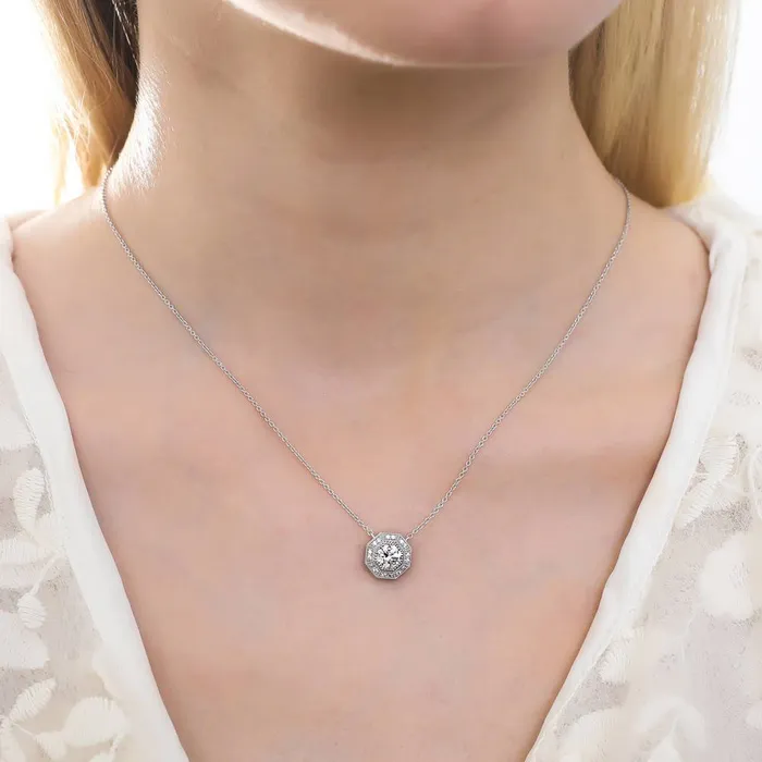 BERRICLE Halo Milgrain Octagon Sun Cut CZ Necklace in Sterling Silver Necklaces