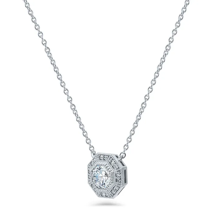 BERRICLE Halo Milgrain Octagon Sun Cut CZ Necklace in Sterling Silver Necklaces
