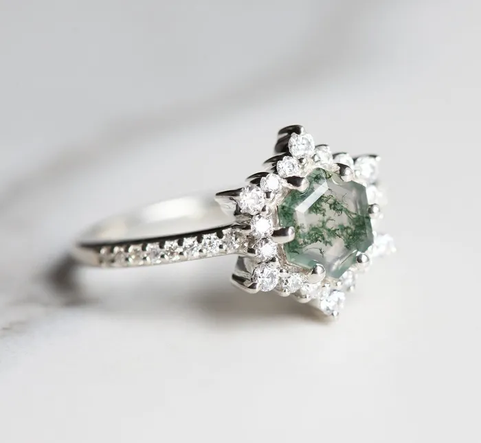 Capucinne Rings Ayla Hexagon Moss Agate Ring with Diamond Halo