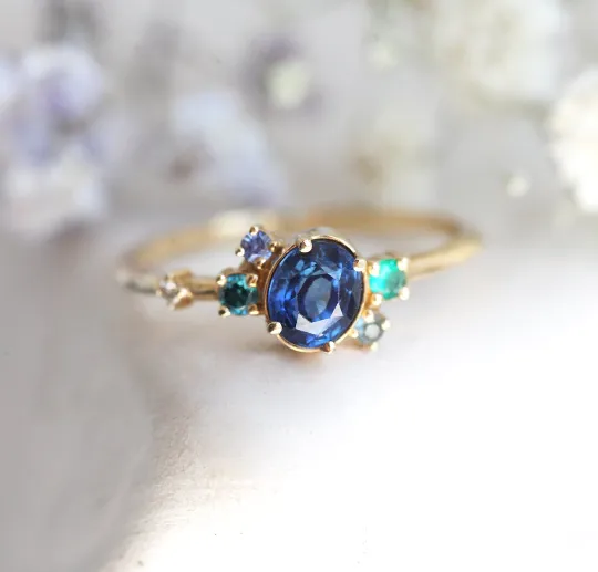 Capucinne Rings Capella Blue Sapphire Emerald Diamond Cluster Ring