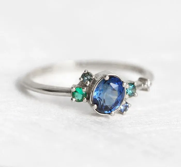 Capucinne Rings Capella Blue Sapphire Emerald Diamond Cluster Ring