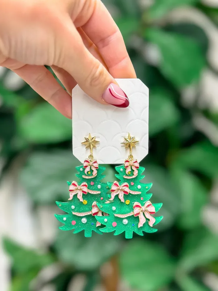 Earrings Prep Obsessed FP Festive Christmas Tree Dangle Earrings Pink Bow