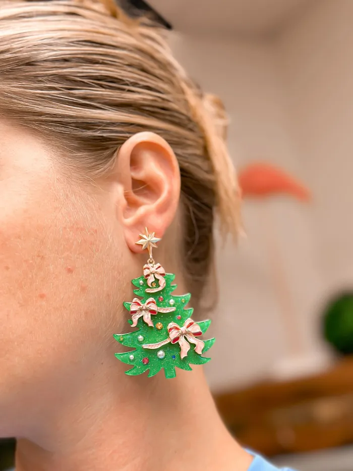 Earrings Prep Obsessed FP Festive Christmas Tree Dangle Earrings Pink Bow