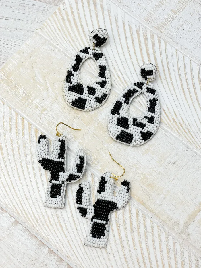Earrings Prep Obsessed MOA Seed Bead Cow Print Cactus Dangle Earrings