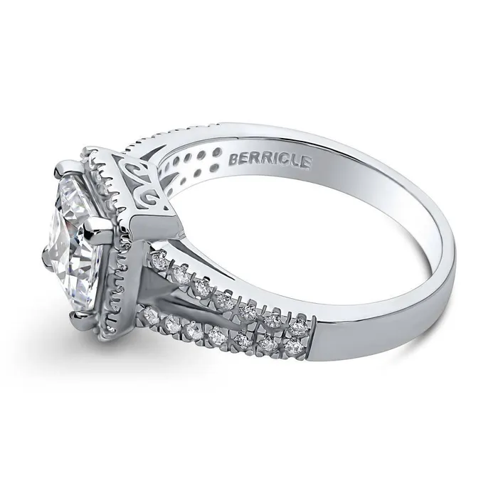 Halo Princess CZ Split Shank Ring in Sterling Silver BERRICLE Rings