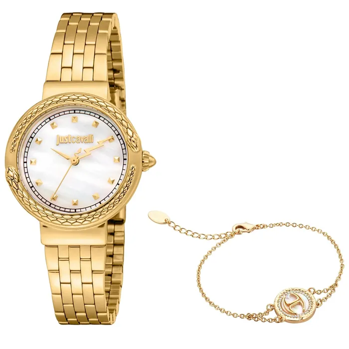 Just Cavalli Brave Snake Ladies White MOP Dial Yellow Gold Watch and Bracelet Set Just Cavalli Bracelets Just Cavalli Brave Snake Ladies White MOP Dial Yellow Gold Watch and Bracelet Set Just Cavalli Bracelets