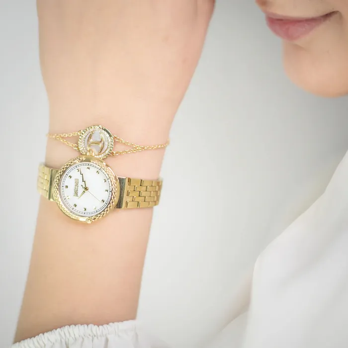 Just Cavalli Brave Snake Ladies White MOP Dial Yellow Gold Watch and Bracelet Set Just Cavalli Bracelets