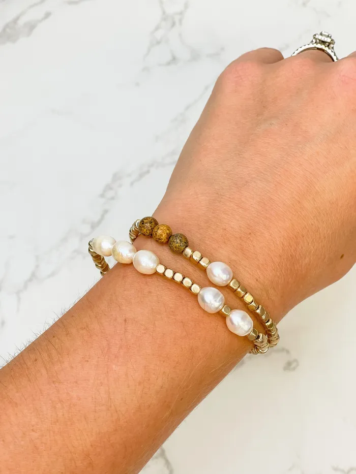 Natural Pearl Wood Stretch Bracelet Set Prep Obsessed JJ Bracelets
