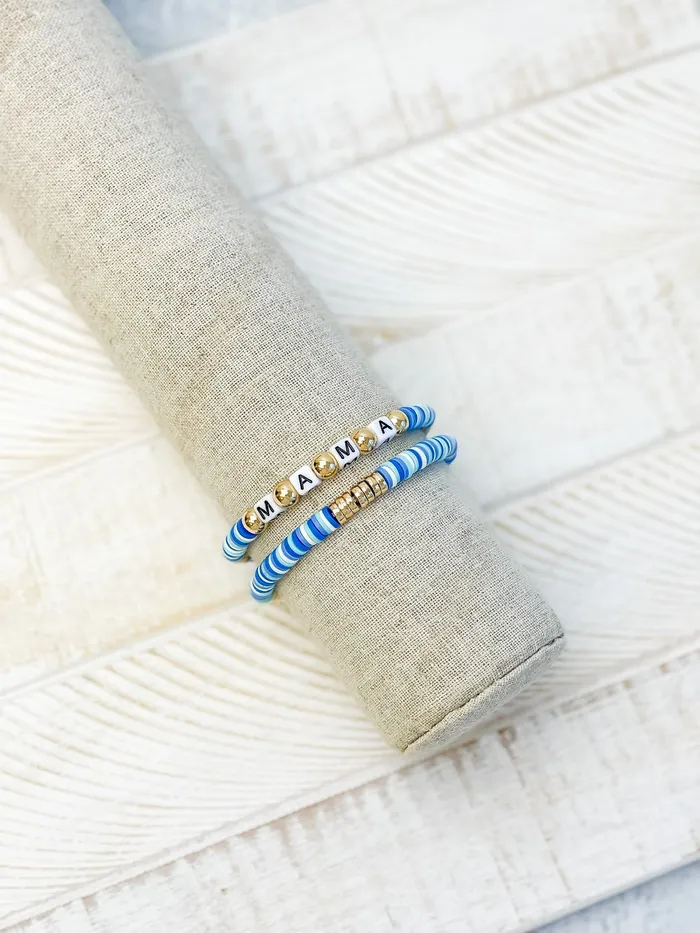 Prep Obsessed ESS Bracelets Mama Stretch Bracelet Set Blue Gold