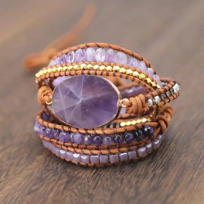 WickedAF Bracelets Handmade Faceted Amethyst Leather Wrap Bracelet