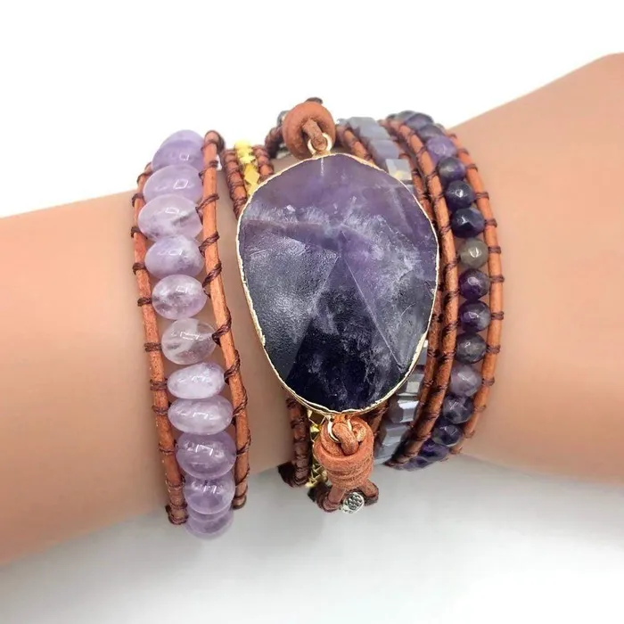 WickedAF Bracelets Handmade Faceted Amethyst Leather Wrap Bracelet