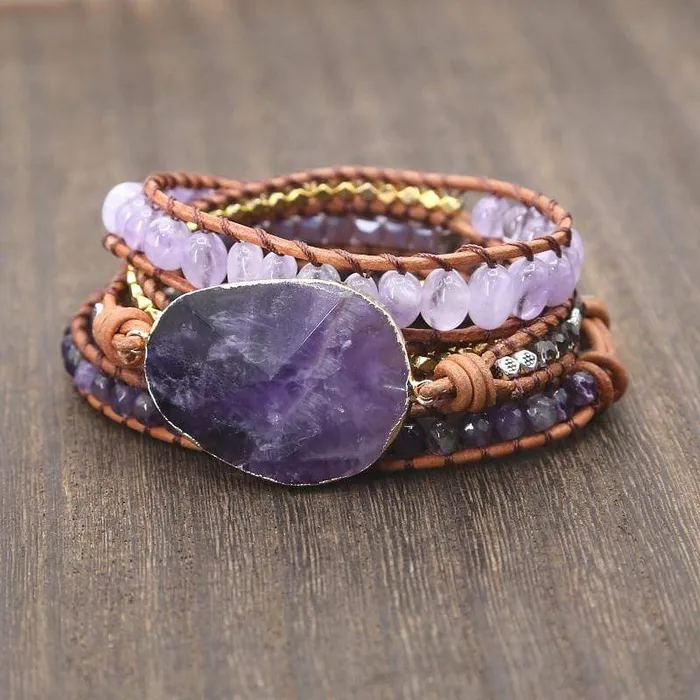 WickedAF Bracelets Handmade Faceted Amethyst Leather Wrap Bracelet