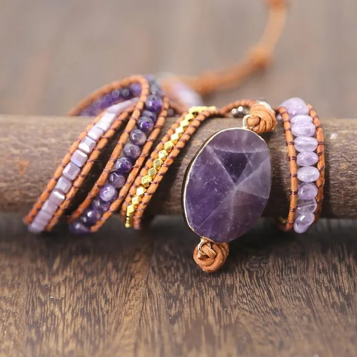 WickedAF Bracelets Handmade Faceted Amethyst Leather Wrap Bracelet