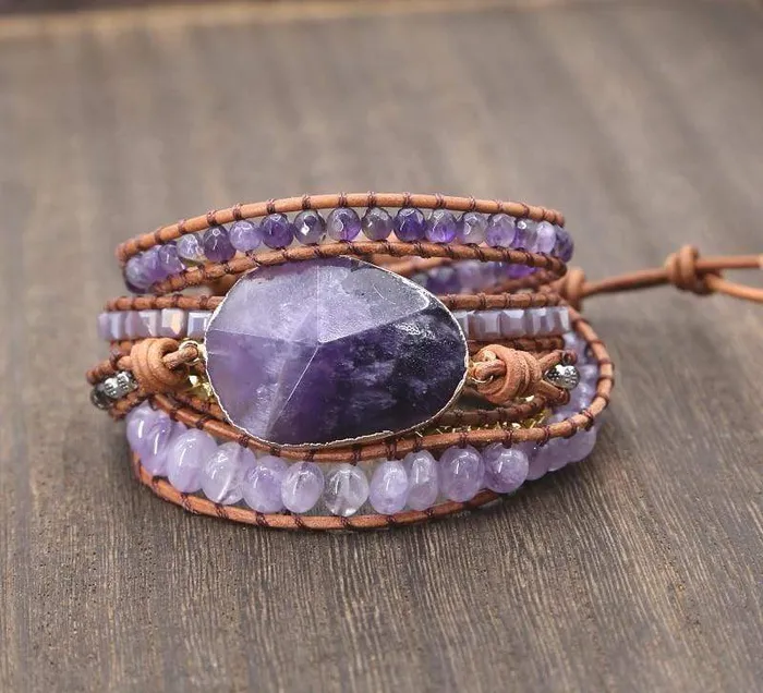 WickedAF Bracelets Handmade Faceted Amethyst Leather Wrap Bracelet
