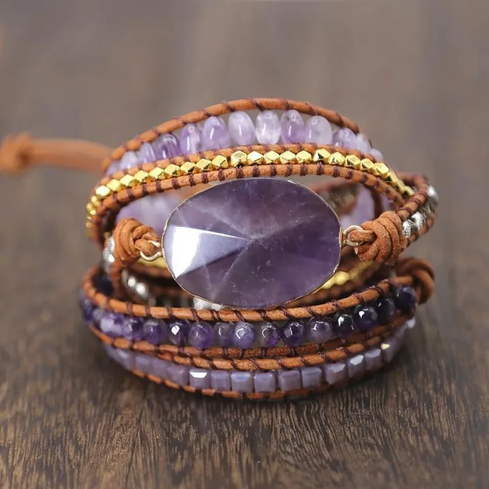WickedAF Bracelets Handmade Faceted Amethyst Leather Wrap Bracelet